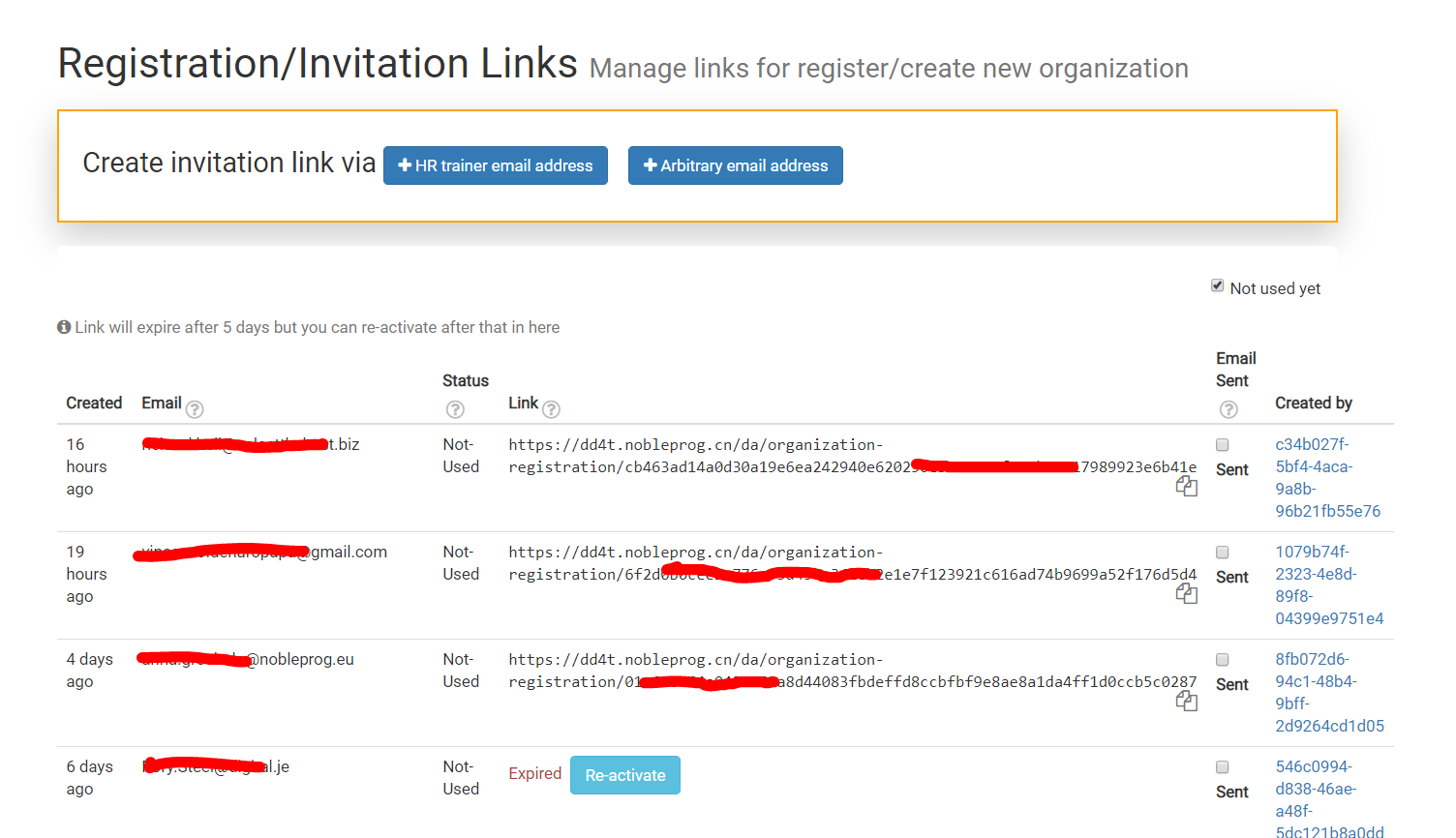 List of registration invitation links
